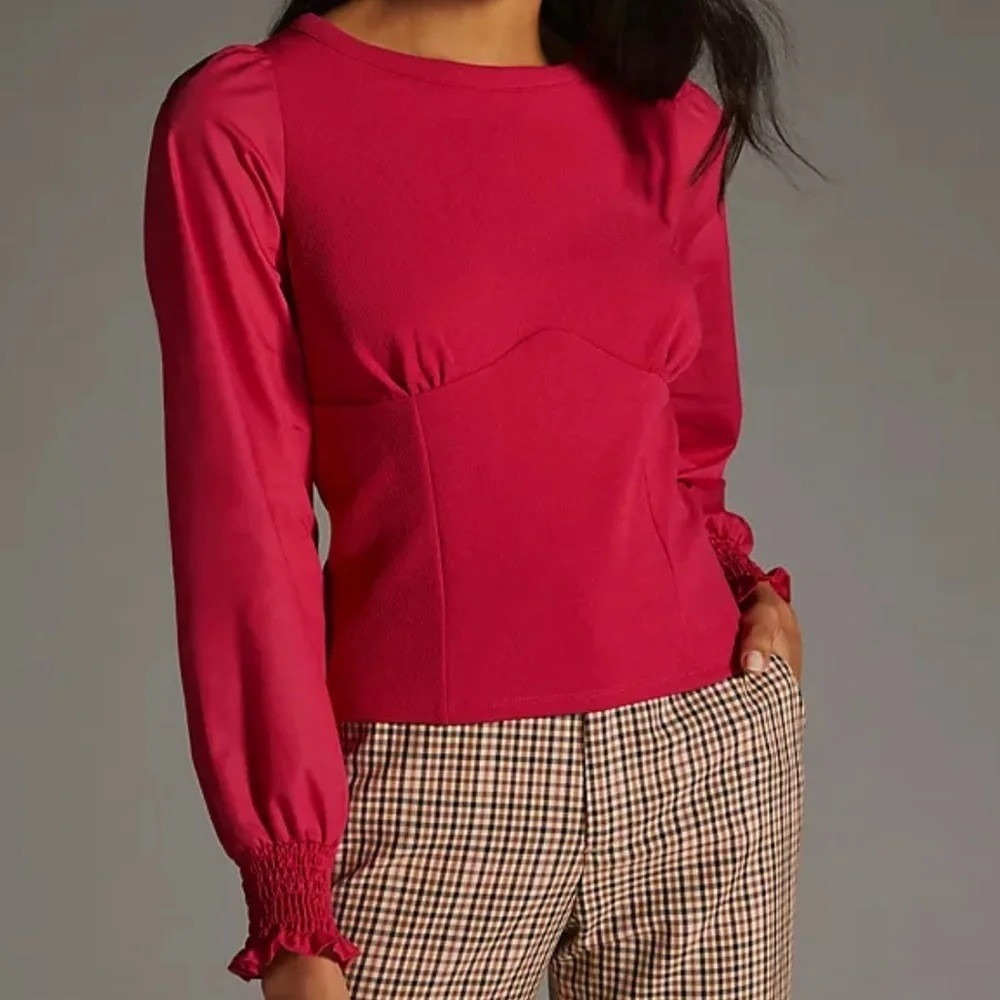 Anthropologie Magenta Pink Structured Bodice Puff Sleeve Smocked Cuff Top S